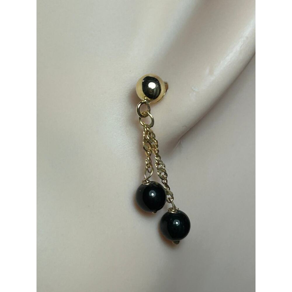 Vintage JCM 14k solid yellow gold double black onyx drop dangle post earrings